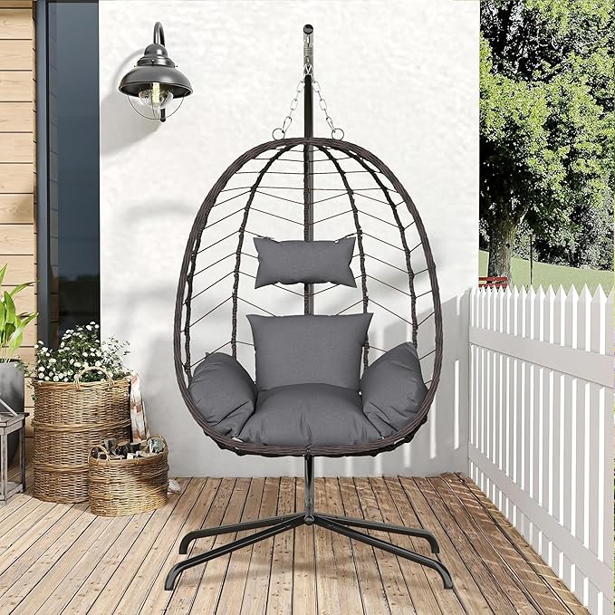 Hanging Egg Chair with Stand, Swinging Egg Chair Outdoor Indoor, Hanging Basket Chair with Cushion, Patio Wicker Hammock Chair 350lbs Capacity for Bedroom, Porch, Balcony, Backyard, Garden (Grey1)