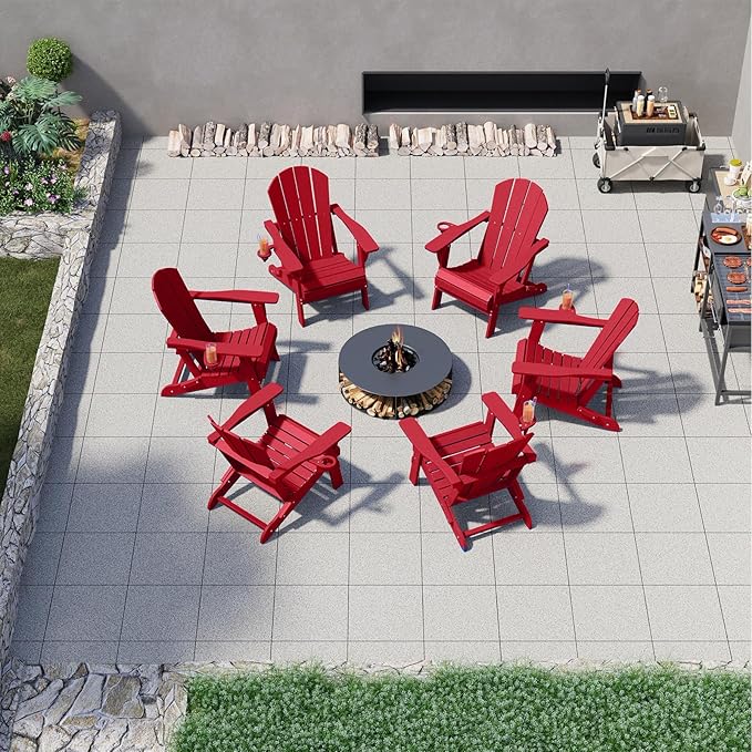 Folding Adirondack Chair, HDPE All-Weather Patio Chairs for Outdoor, Patio, Lawn, Garden, Backyard Deck, Fire Pit - Red