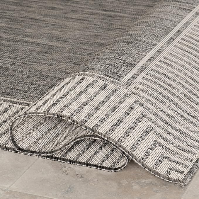 nuLOOM 10' x 14' Outdoor Area Rug, Casual Design with Striped Border, Stain Resistant, Highly Durable, for Patio, Balcony, Bedroom, Living Room, Dining Room, Bathroom, Steel