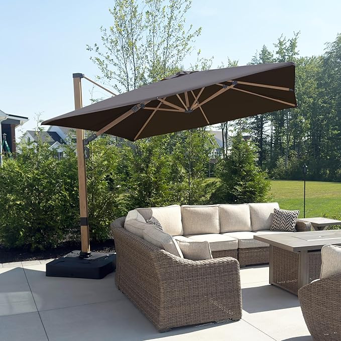 PURPLE LEAF 9FT Patio Umbrella Square Cantilever Umbrella Teak Finished Aluminum Frame Large Windproof Offset Outdoor Sun Umbrellas for Beach Pool Deck, Grey
