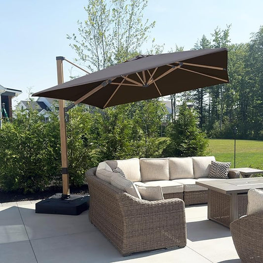 PURPLE LEAF 9FT Patio Umbrella Square Cantilever Umbrella Teak Finished Aluminum Frame Large Windproof Offset Outdoor Sun Umbrellas for Beach Pool Deck, Grey