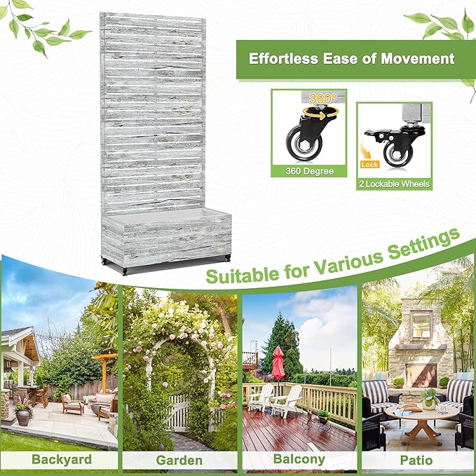 FENCY Metal Raised Garden Bed with Wheels and Trellis,73"x35"x16" Planter Box for Climbing Plants, Vegetables & Vines, Features Privacy Screen and Drainage Holes (White Wood Color)