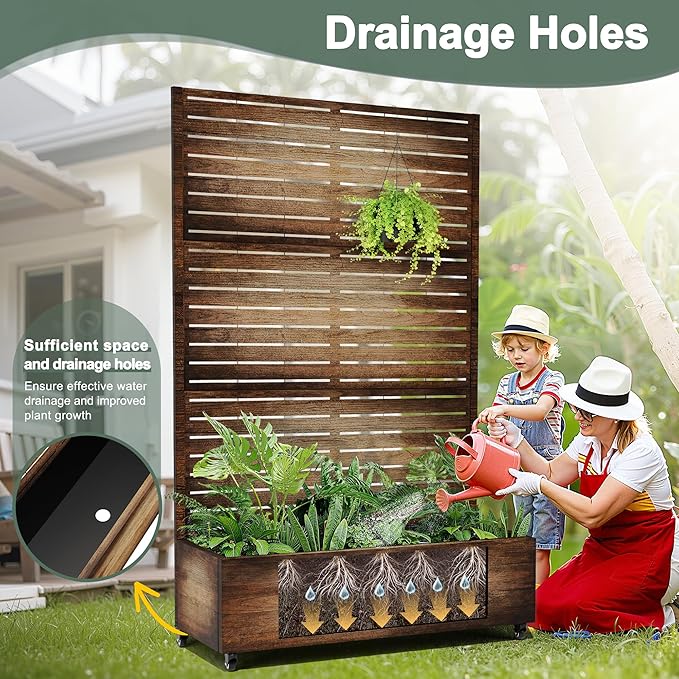 Metal Planter Box with Privacy Screen, Trellis with Planter Box for Climbing Plants, Standing Flower Bed with Wheels & Drainage Holes (47" L, Retro Brown Wood Grain)