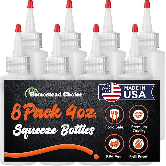 4 OZ Plastic Squeeze Bottles for Sauces - 8 Pack Condiment Squeeze Bottles for Liquids - Made in USA - BPA Free Squirt Bottles with Cap - Ketchup, Syrup, Oil, Dressings, Honey & Arts and Crafts
