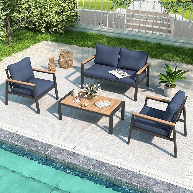 JOIVI Aluminum Patio Furniture Set, 4 Pieces Outdoor Conversation Set with Teak Wood Top Coffee Table, Sectional Sofa Set with Wood Armrest and Cushions for Outside Poolside, Lawn, Backyard, Navy Blue