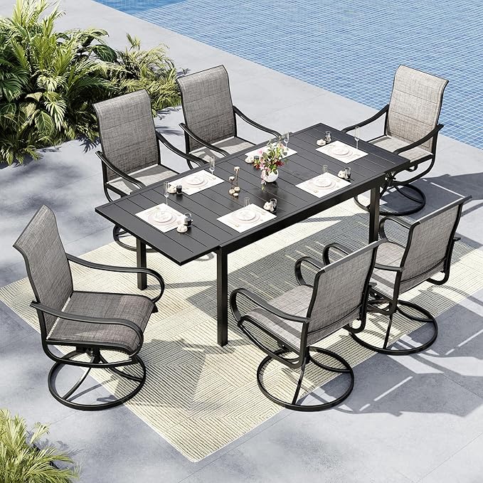 MFSTUDIO Expandable Patio Table and Chairs Set, Outdoor Dining Set for 6 with Swivel Chairs, Patio Dining Set for Deck/Backyard/Poolside/Garden