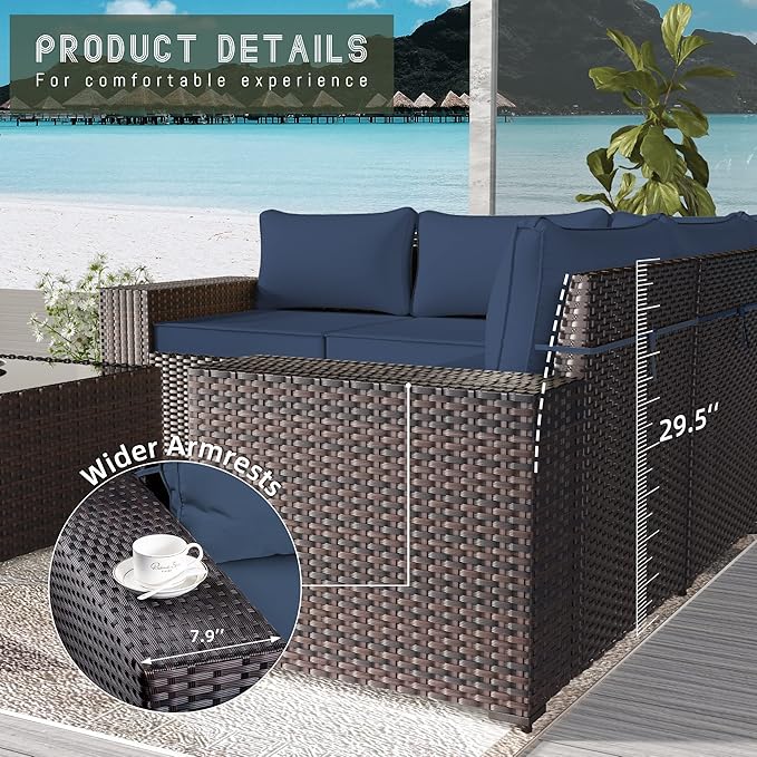 Outdoor Patio Furniture Set with Propane Fire Pit Table, 13 Pieces Outdoor Furniture Patio Sectional Sofa Conversation Sets w/ETL Approved 43" Gas Outdoor Fire Table & Coffee Table(Dark Blue)