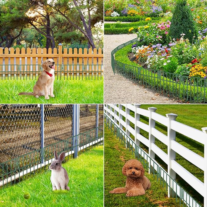 Adavin Green Animal Barrier Fence, 28 Pack 12 in(L)X10 in(H) No Dig Garden Decorative Fence 1.5" Gap, Rustproof Metal Dig Deterrent Panel Border for Dog Rabbits, Ground Stakes Outdoor Patio,Total 28Ft