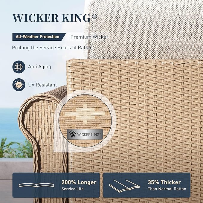 Patio Furniture Set 8 Piece, Wicker Rattan Sectional Sofa Couch with 5.5" Thick Waterproof Cushion and Coffee Table, L Shape All weather Outdoor Conversation Set for Lawn Backyard Deck, Beige