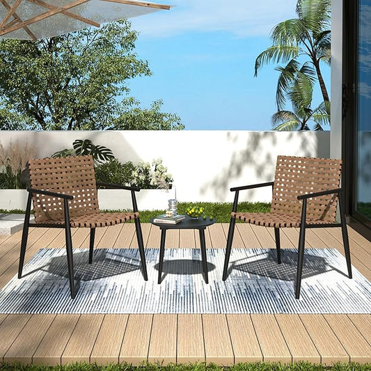 Outdoor 3 Pieces Bistro Set, Leather-Look Wicker Patio Chair Set with Aluminum Frame for All-Weather Porch Backyard Balcony Chairs and Table