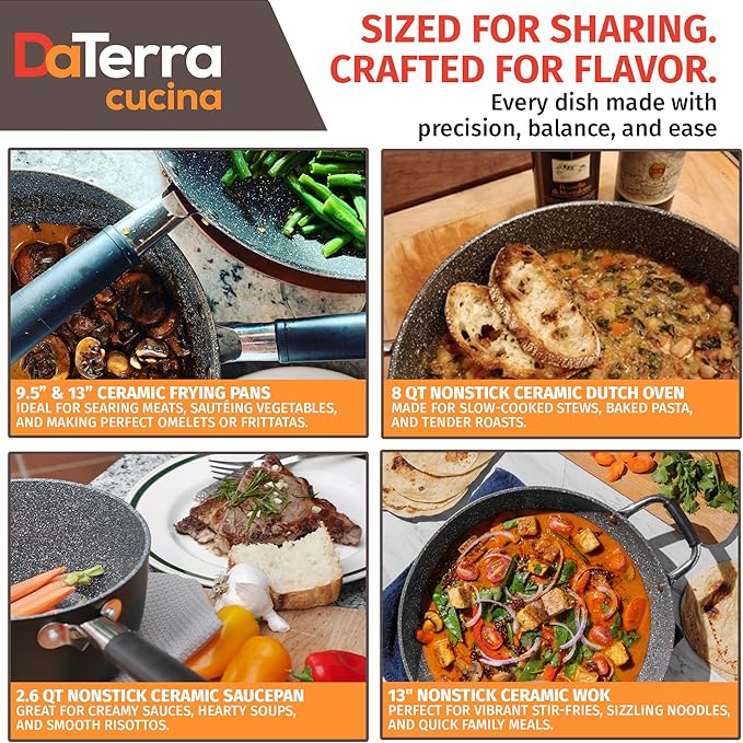 DaTerra Cucina Nonstick Dinner Party Bundle – 2.6 Qt Saucepan with Lid, 9.5" & 13" Frying Pans and 13" Wok and 8 Qt Dutch Oven with Lids, Durable Ceramic Coating, Made in Italy – Volcanic Black