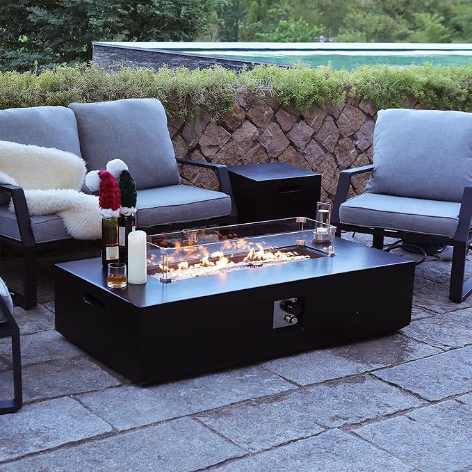56 Inch Propane Fire Pit Table, Outdoor Rectangle Fire Table w Tank Table (50,000 BTU), 3 Piece Gas Fire Pit in Black w Glass Wind Guard and White Fire Glass for Deck, Garden, Backyard