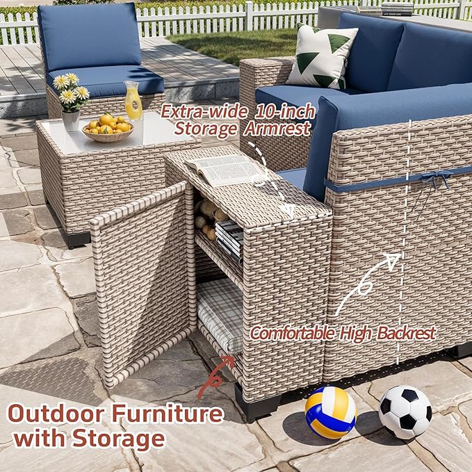 16 Pieces Patio Furniture Set with Fire Pit Table, Outdoor Sectional Wicker Sofa with Thick Cushions, High Back Swivel Rocker Patio Chairs, Rattan Conversation Set with Coffee Table, Navy