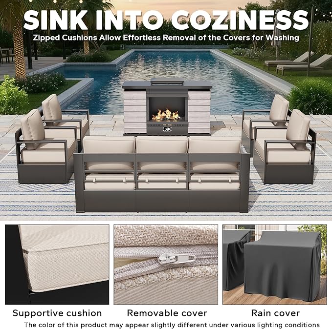 Aluminum Outdoor Conversation Furniture Set with Furniture Covers & 6" Cushions- Patio 79" Sofa with 4 Chairs & 63" Steel Propane Fireplace, 50,000 BTU Fire Pit with CSA Certified (Beige)