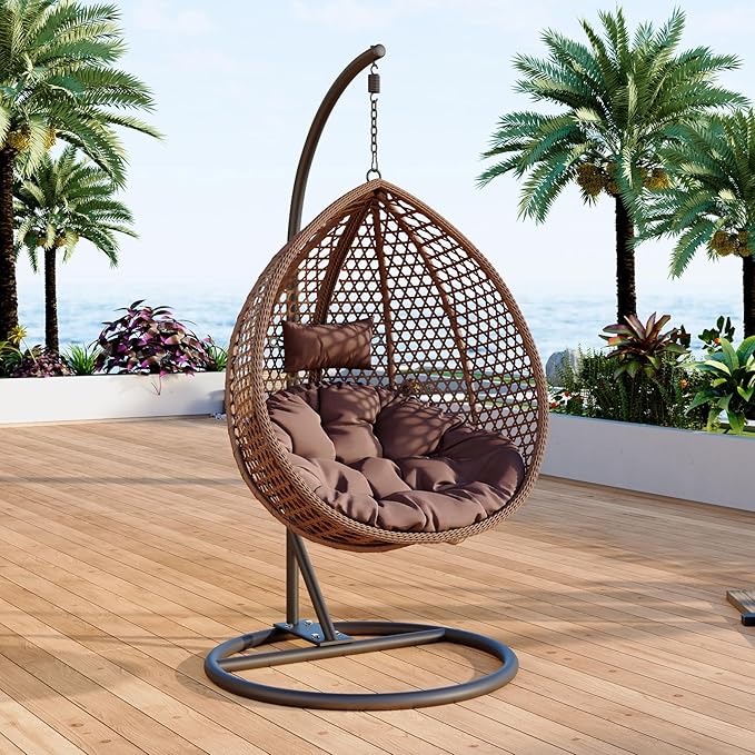 Egg Swing Chair Outdoor with Stand, Hanging Egg Rattan Basket Chair with Cushion and Pillow, Swinging Egg Chair, Foldable Basket and Metal Stand for Porch, Patio, Bedroom, Balcony,Yard (Brown)