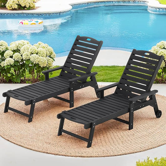 LUE BONA Outdoor Chaise Lounge Chairs Set of 2, HDPS Lounge Chair, 5 Positions Adjustable Pool Lounge Chairs, Patio Furniture Sets with Wheels for Poolside, Hotel, Restaurant, 3 Year Warranty, Black