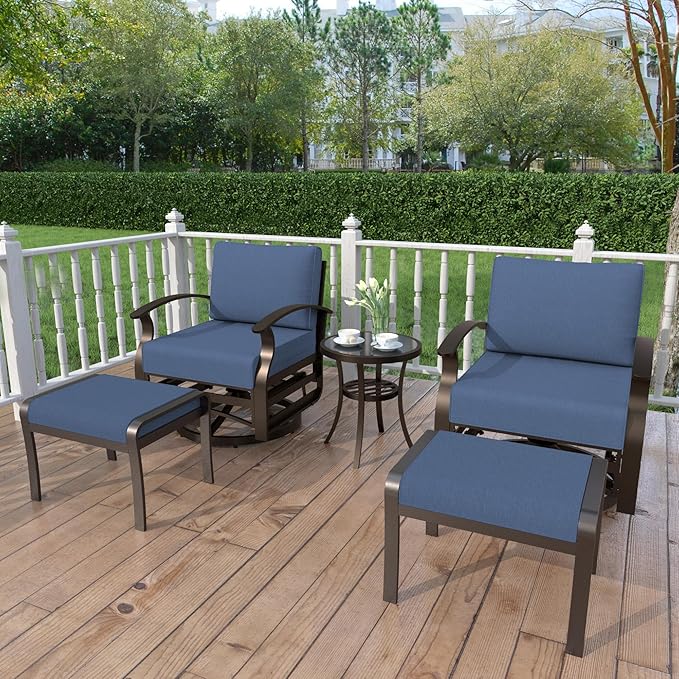 Kurapika 5 Pieces Patio Furniture Set, Outdoor Aluminum Swivel Gliders Rocker, Patio Bistro Set Rocking Chair with Thickened Cushions and Tempered Glass Side Table(Navy Blue)