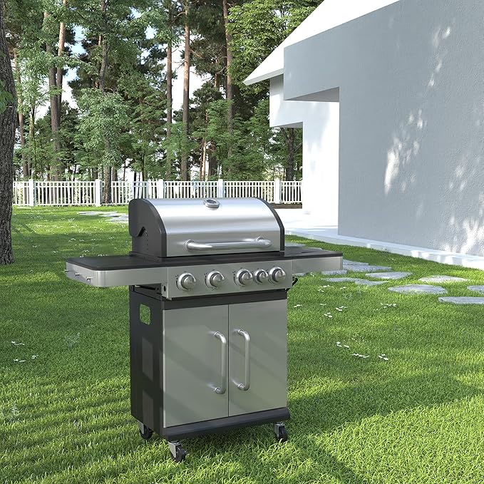 DIFY 4-Burner Propane Gas BBQ Grill with Side Burner and Porcelain-Enameled Cast Iron Grates, 46500 BTU Output Stainless Steel Grill for Outdoor Cooking Kitchen & Patio Backyard Barbecue, Silver