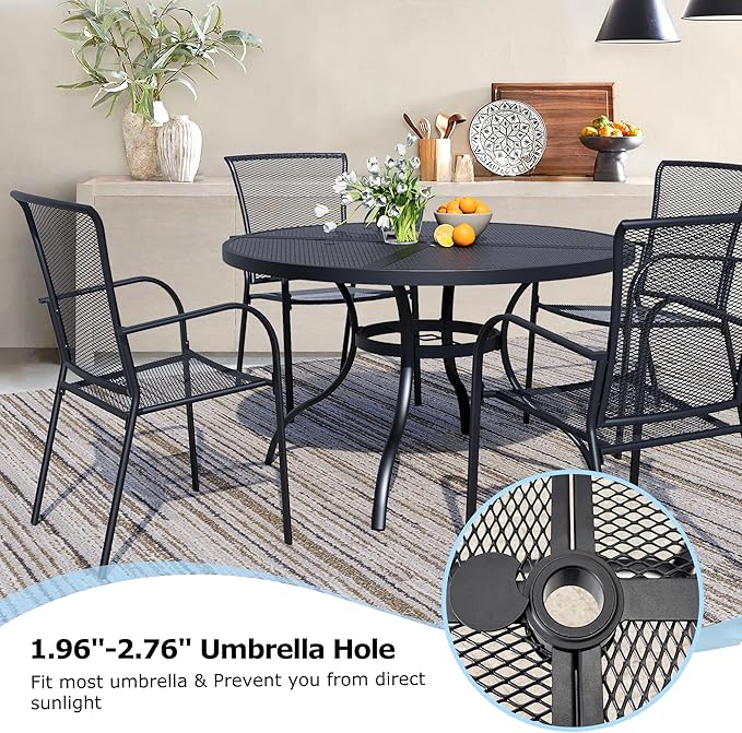 7 Piece Outdoor Dining Set, Patio Dining Set for 6, 47" Mesh Round Table with 6 Black Metal Mesh Outdoor Dining Chairs with Armrest for Lawn, Garden, or Porch
