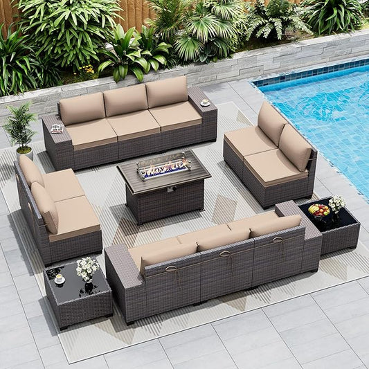Outdoor Patio Furniture Set with Gas Fire Pit Table, 13 Pieces Outdoor Furniture Set Patio Sectional Sofa w/43in Propane Fire Pit, PE Wicker Rattan Patio Conversation Sets (Sand)