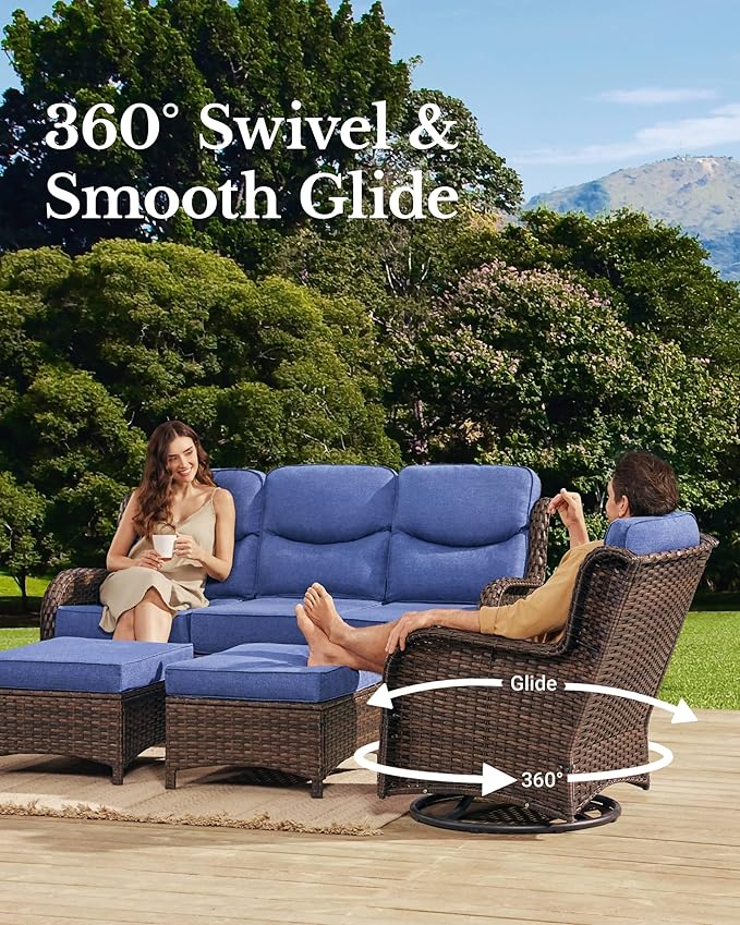HILLGA Luxury Patio Furniture Set with 6-inch Thick Cushion, Outdoor Sectional Sofa and High Back Swivel Rocker Patio Chairs, 7PCS Wicker Conversation Set for Deck Yard and Poolside, Blue (V2)