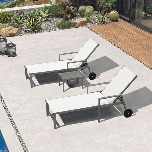 PURPLE LEAF Outdoor Chaise Lounge Set for 2 Aluminum Patio Chaise Lounger Chairs with Armrest and Wheels Adjustable Pool Chaise Lounge Chair for Beach Yard Poolside Table Included, White
