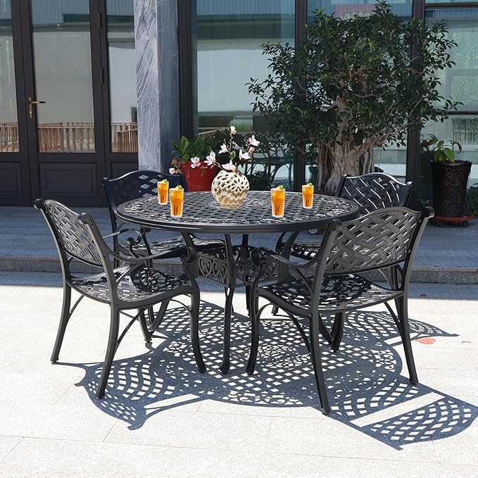 5 Pieces Cast Aluminium Patio Dining Set for 4-6 Person,Round 48" Patio Table and Chairs Set of 4 with 2.3" Umbrella Hole,Outdoor Patio Furniture Dining Set for Porch Backyard Deck, Black
