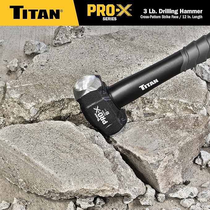 Titan Pro-X 63013 3lb Drilling Hammer, Dual-Face Sledge with Cross-Pattern Face for Concentrated Power & Flat Face for Stake Driving, Overstrike Protection, 12" Fiberglass Handle with Textured Grip