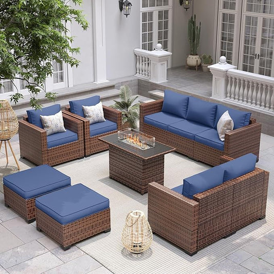 UDPATIO Patio Furniture Set with Fire Pit Table, 7 Pieces Outdoor Furniture Sets, Wicker Rattan Patio Conversation Sets with Ottoman and Waterproof Covers for Porch Deck Backyard, Navy Blue