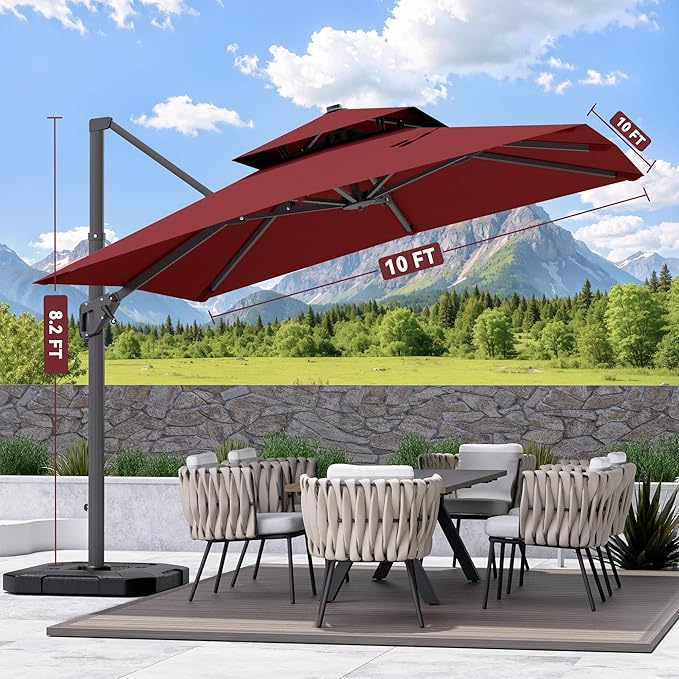 10' X 10' Cantilever Patio Umbrella Outdoor with Base Included Heavy Duty Double Top Windproof Square Offset Umbrellas with 360-degree Rotation for Pool Deck Backyard, Wine Red
