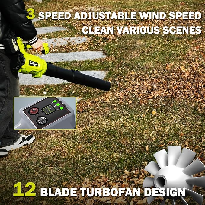 Leaf Blower Cordless,2 x 21V 6.0Ah Battery and Charger, with 650CFM 170MPH Electric Cordless Leaf Blower, 3-Variable Speed & Turbo Mode, Blowers for Lawn Care