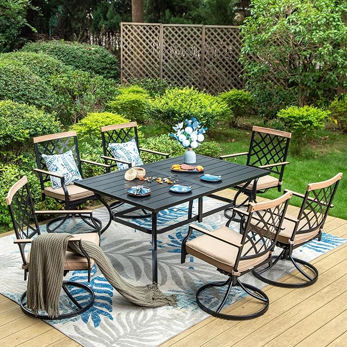 MFSTUDIO 7 PCS Outdoor Dining Set with 6 Patio Metal Swivel Dining Chairs and 1 Heavy Duty Metal 60" Table for 6, All Weather Resistant Patio Furniture