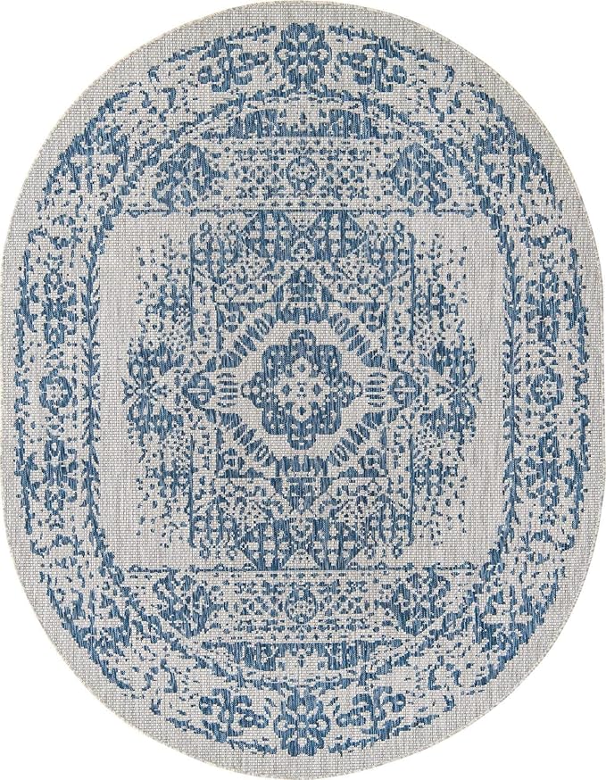 Unique Loom Outdoor Traditional Collection Area Rug - Timeworn (7' 10" x 10' Oval, Blue/ Gray)