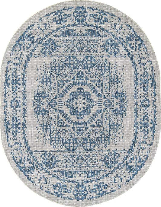 Unique Loom Outdoor Traditional Collection Area Rug - Timeworn (7' 10" x 10' Oval, Blue/ Gray)