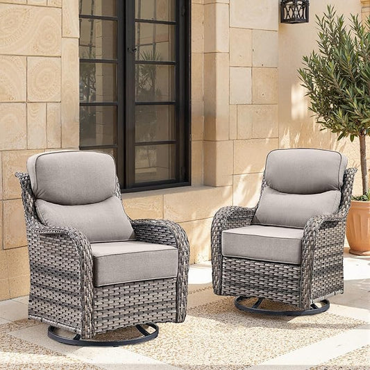 Swivel Patio Chairs Set of 2 with 6" Thick Cushion - Wicker Outdoor Swivel Rocker Patio Chairs, High Back Comfortable Outdoor Glider Chairs 360° Rotation Glider Gray Wicker - Gray Cushion