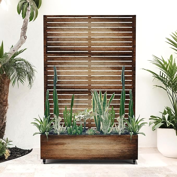 Metal Planter Box with Privacy Screen, Trellis with Planter Box for Climbing Plants, Standing Flower Bed with Wheels & Drainage Holes (47" L, Retro Brown Wood Grain)