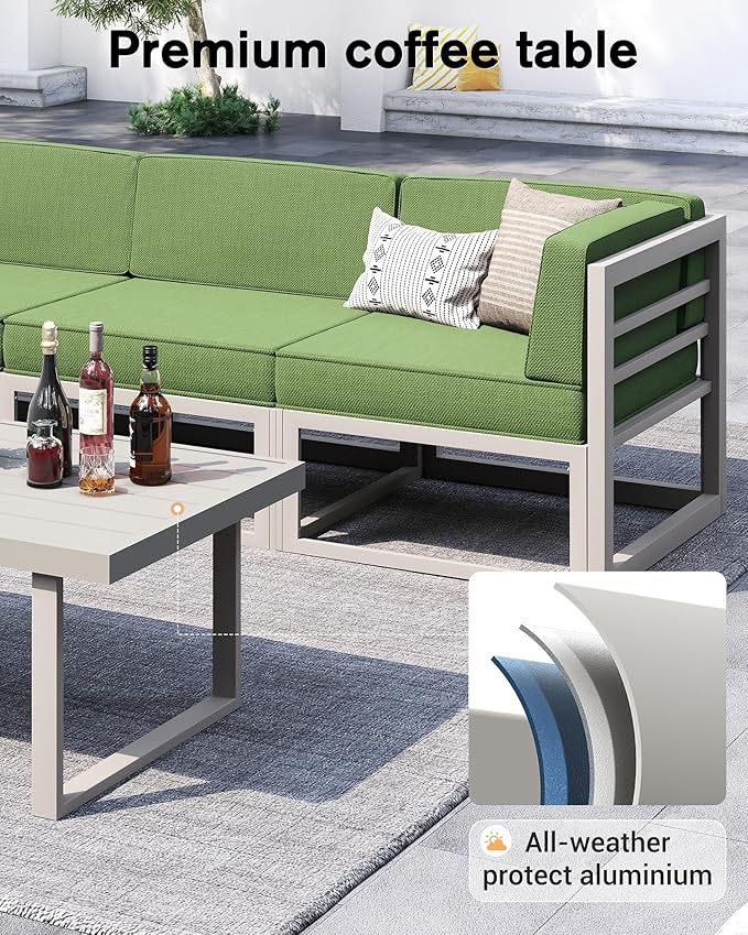UDPATIO Aluminum Patio Furniture Set with Fire Pit Table, Modular Oversized Outdoor Sectional of Olefin 5 inch Cushion, Coffee Table and Waterproof Cover, Patio Conversation Sets for Porch, Deck