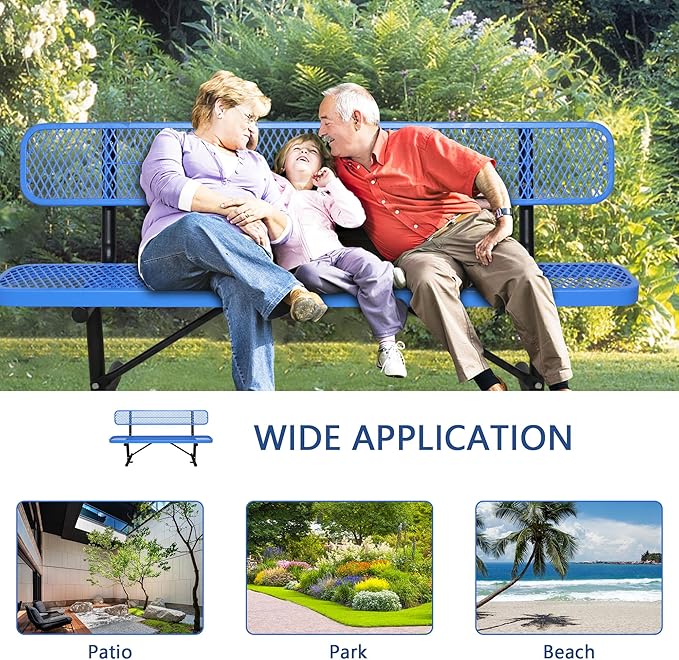 8 FT Steel Park Bench for Outside, Outdoor Bench with Backrest & Portable Frame, Thermoplastic Coating, Commercial Benches for Shopping Mall, Store, Park, Patio, Deck, Blue