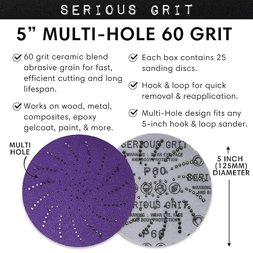Serious Grit 5-Inch 60 Grit Ceramic Multi-Hole Hook & Loop Sanding Discs - Advanced Grain for Fast Cutting & Long Life - Film-Backed Universal Fit Sandpaper for 5-in Sanders - 25 Pack Box