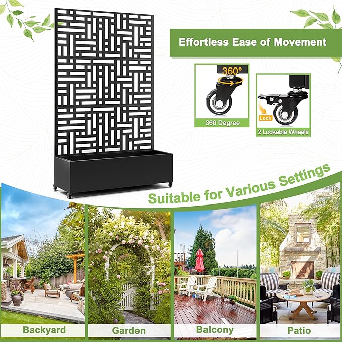 FENCY Metal Raised Garden Bed with Wheels and Trellis,73"x47"x16" Planter Box for Climbing Plants, Vegetables & Vines, Features Privacy Screen and Drainage Holes (Black-Geometric Lattice)