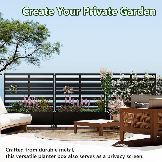 Casaphoria Raised Garden Bed Metal Planter Box with Trellis, 47"x47"x16" for Outdoor Climbing Plants, Flowers Vegetables and Vines Privacy Screen with Wheels and Drainage Holes(Black Louvered)