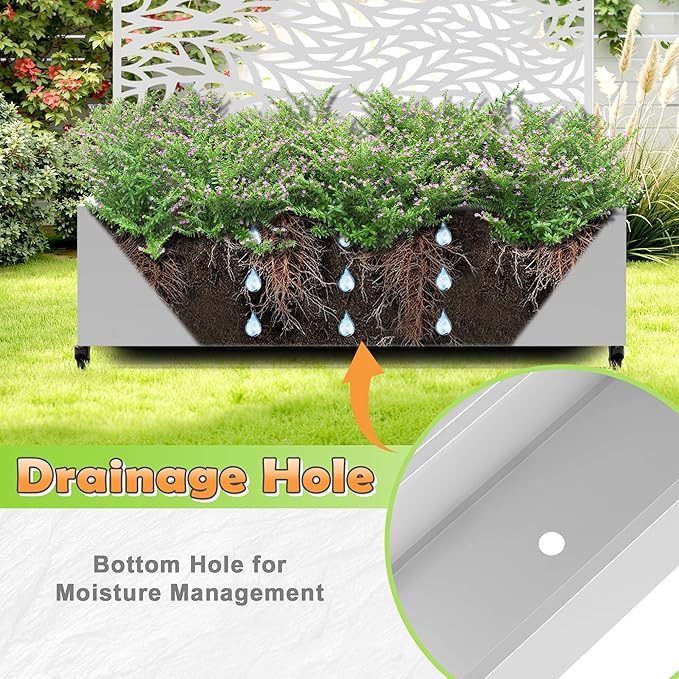 Metal Raised Garden Bed with Trellis, 2-in-1 Planter Box & Privacy Screen for Climbing Plants, Outdoor Standing Flower Bed with Drainage Holes, 47.2" L x 16.7" W x 70.8" H, White-Spring
