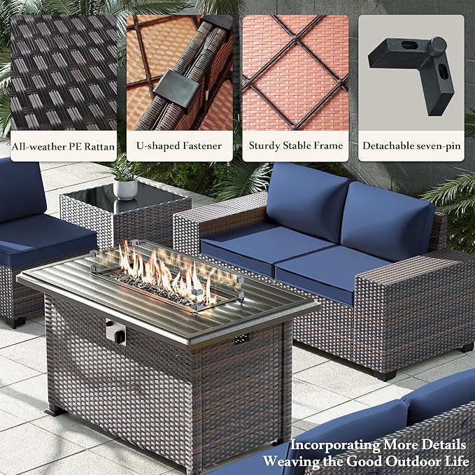 Outdoor Patio Furniture Set with Propane Fire Pit Table, 13 Pieces Outdoor Furniture Patio Sectional Sofa Conversation Sets w/ETL Approved 43" Gas Outdoor Fire Table & Coffee Table(Dark Blue)