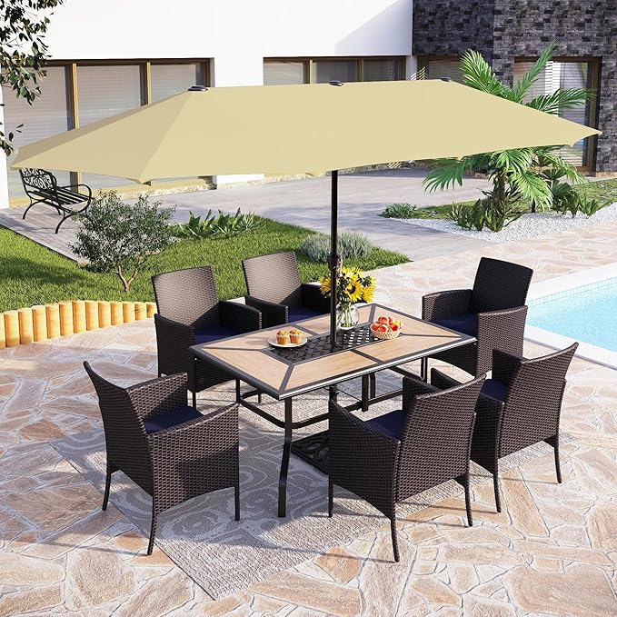 PHI VILLA 7 Piece Outdoor Dining Set with Umbrella, Rectangular Wood Top Metal Dining Table & Cushioned Wicker Chairs & 13ft Large Beige Umbrella for Patio, Deck, Yard