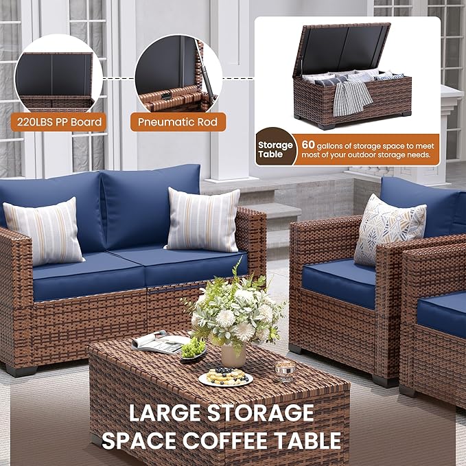 UDPATIO 5 Piece Outdoor Furniture Set, Oversized Armrest Patio Furniture Sets with Storage Table No-Slip Cushions Waterprool Covers for Poolside Deck Backyard Navy