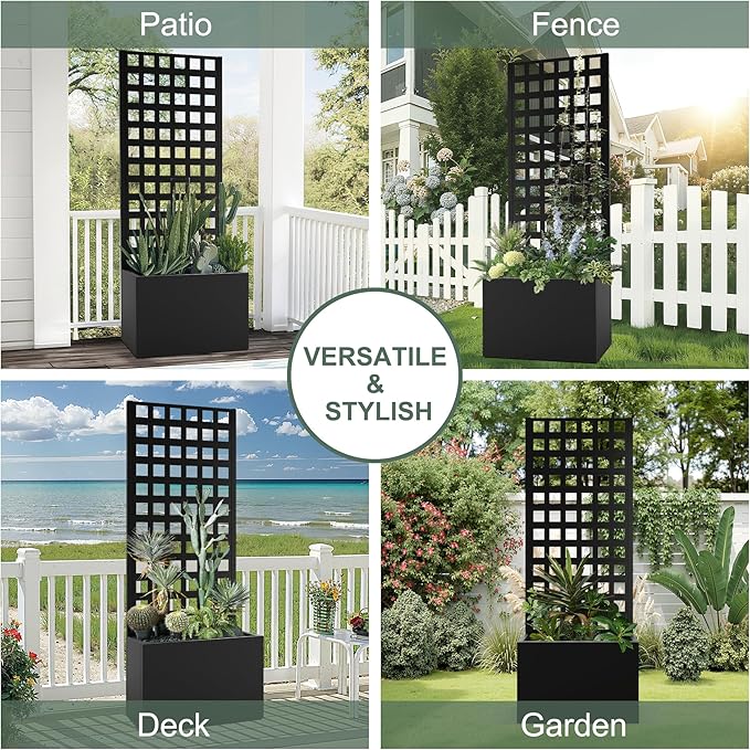 Metal Planter Box with Trellis, Privacy Planter for Patio, 24" L×12" W×63" H Raised Garden Bed withTrellis, Drainage Holes (Black Grid)