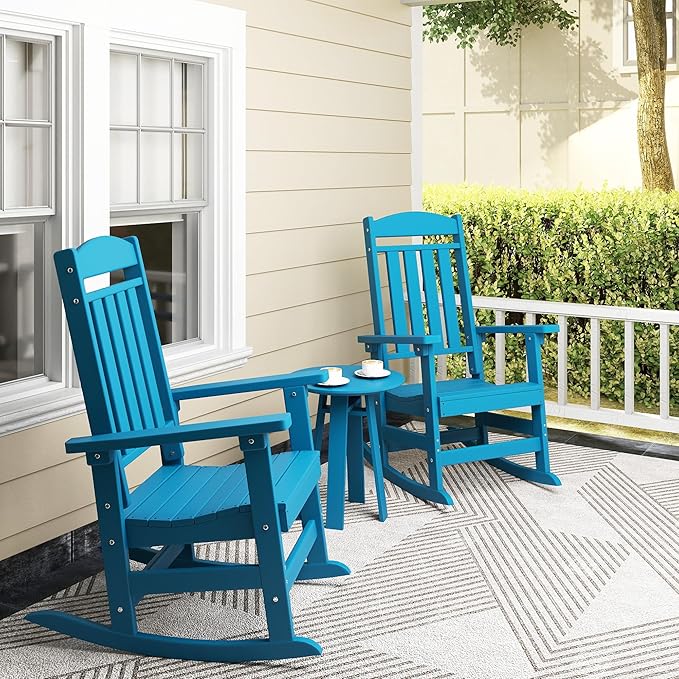 Outdoor Rocking Chairs Set of 6, Oversized High Back Patio Rocking Chairs, All Weather Porch Rocking Chairs for Outside. Pacific Blue