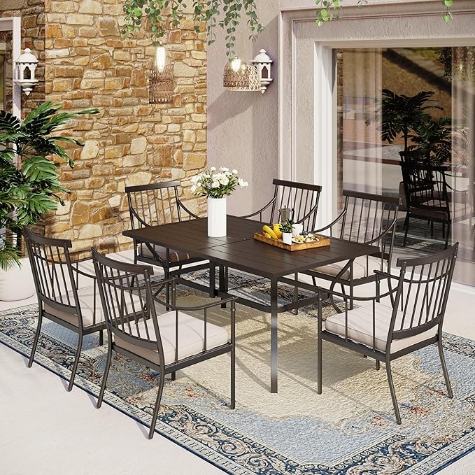 MFSTUDIO Outdoor Dining Set for 6, Patio Table and Chairs Set for Backyard Deck Garden, 7 Piece Patio Dining Set with Umbrella Hole