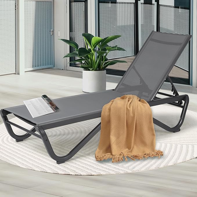 Kozyard Patio Chaise Lounge Chair Full Flat Alumium Outdoor Reclining Adjustable Chair Flat Lounge Chair for Sunbathing, Beach, Poolside Gray Textilene