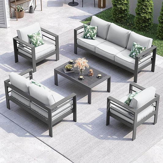 UDPATIO 8 Piece Aluminum Patio Furniture Set, Oversized Modern Outdoor Furniture Set with Olefin Fabric Cushion for Patio Deck Backyard, Grey(with Waterproof Covers)